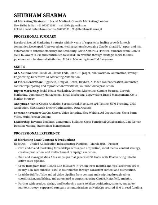 First page of Shubham Sharma's resume